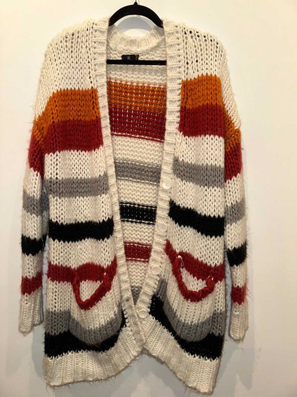 Volcom Chunky Knit Striped Cardigan Sweater Oversized Button Up